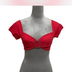 Red Embellished Cap Sleeve Crop Top
